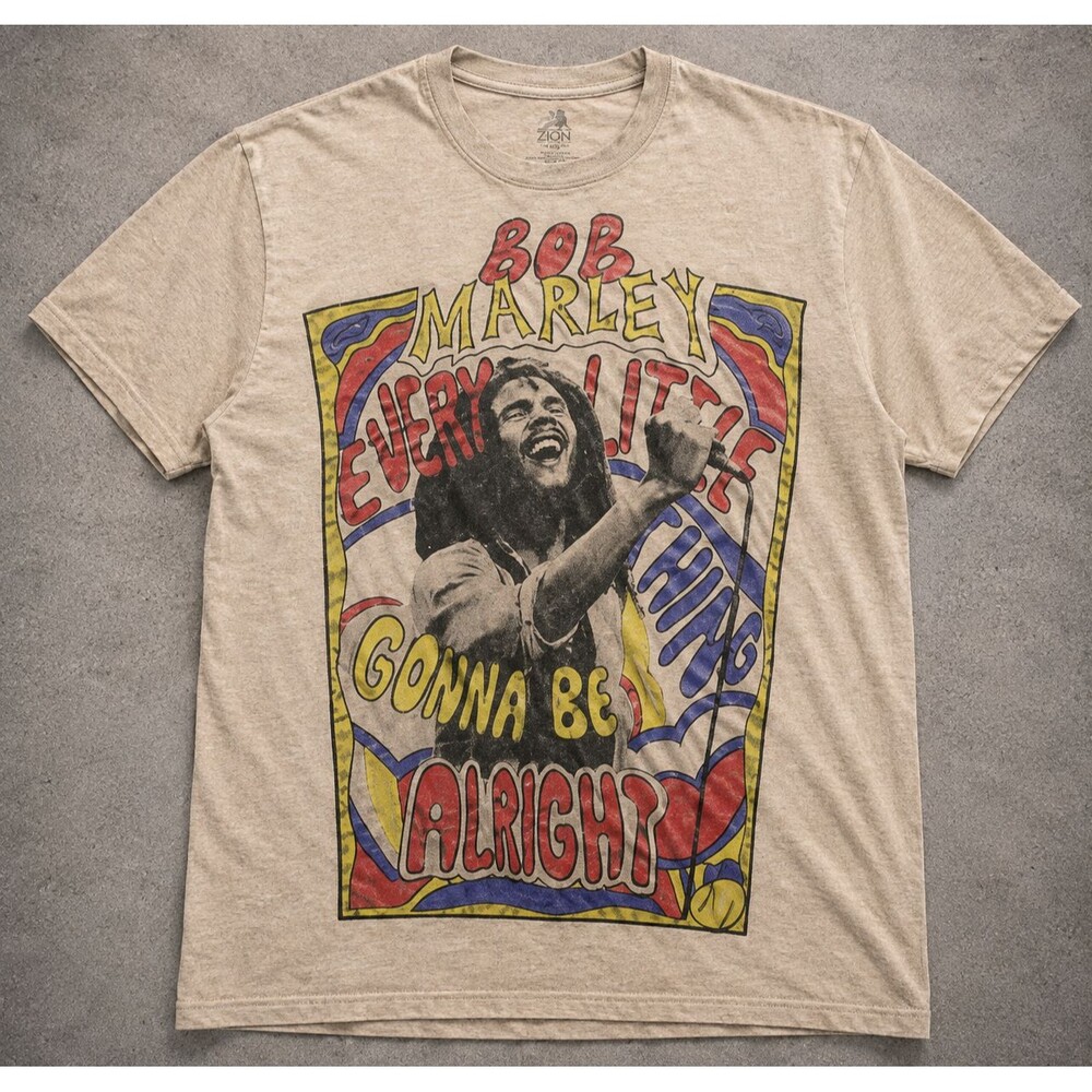 Bob Marley Graphic T Shirt Tagged Small Fits Boxy 23x26.5 Beige Zion Rootswear